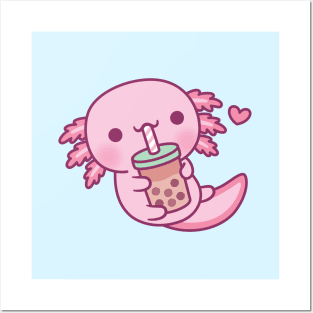 Cute Little Axolotl Loves Bubble Tea Posters and Art